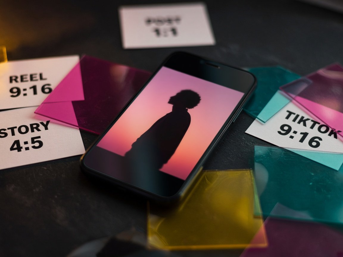Close-up of a phone showing a vertical short-form frame beside colored gels and format notes
