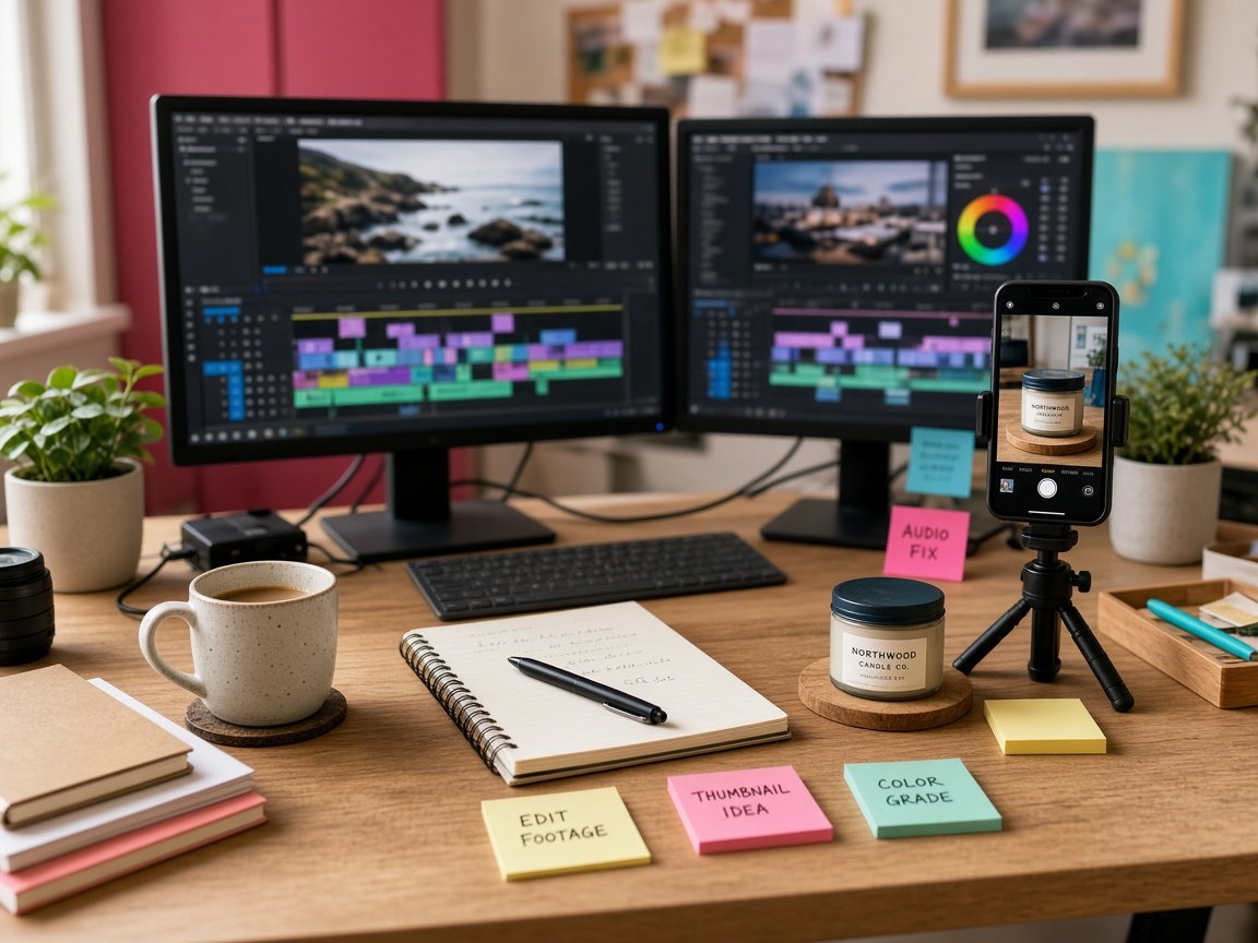 Daylight content editing desk with monitors, notes, and a phone on a stand